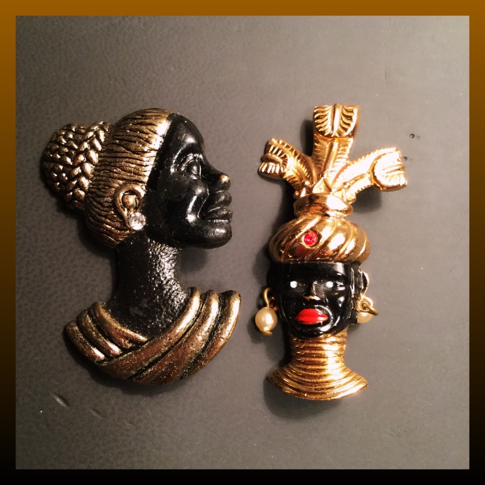Black African tribal Egyptian bust pin brooch VTG